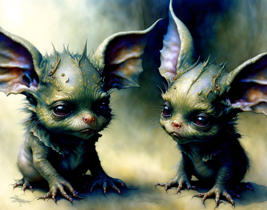 Fantastical creatures with large ears and wide eyes in a painterly style