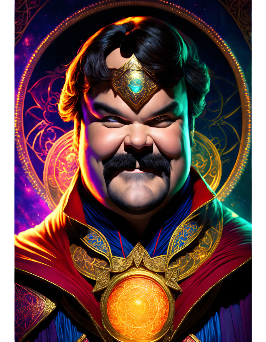 Character with mustache in ornate robes and golden amulet on cosmic background