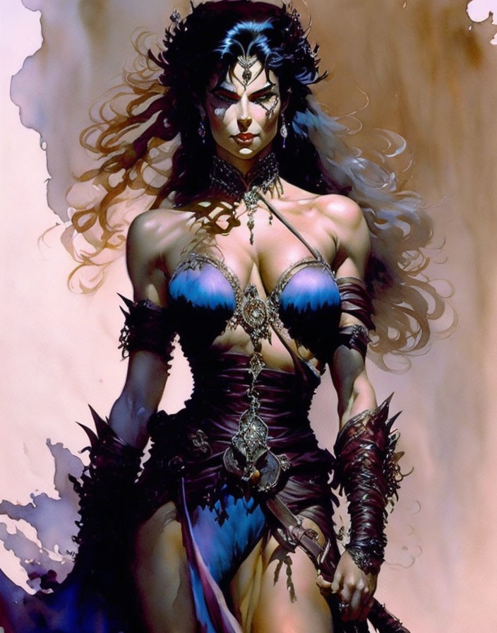 Fierce female warrior in fantasy armor bikini and arm guards