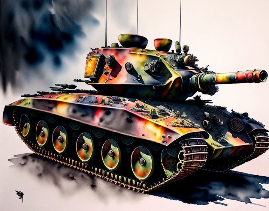 Colorful, detailed tank illustration with camouflage pattern on white background.