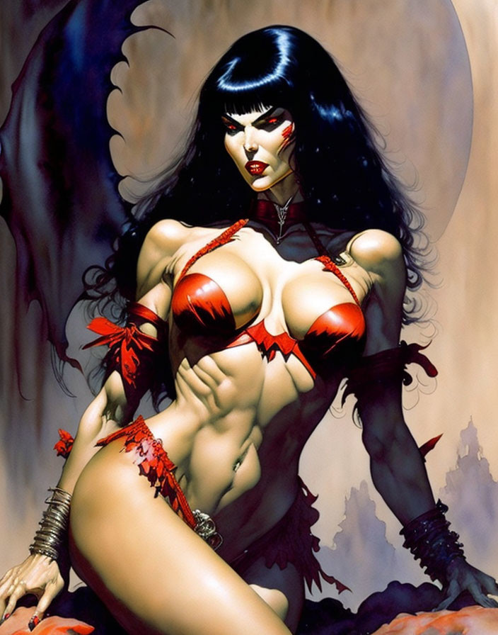 Illustration of fierce woman in red & black fantasy armor with bat-like wings