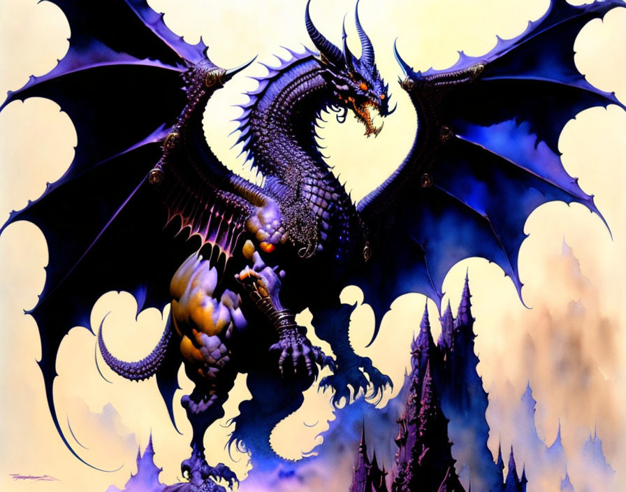 Black dragon with large wings on spiky rocks under purple sky