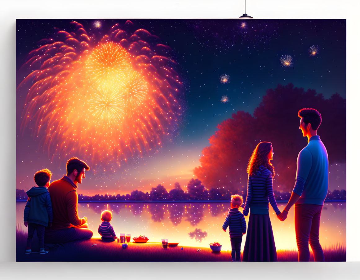 Family Watching Vibrant Fireworks Display Over Lake at Night