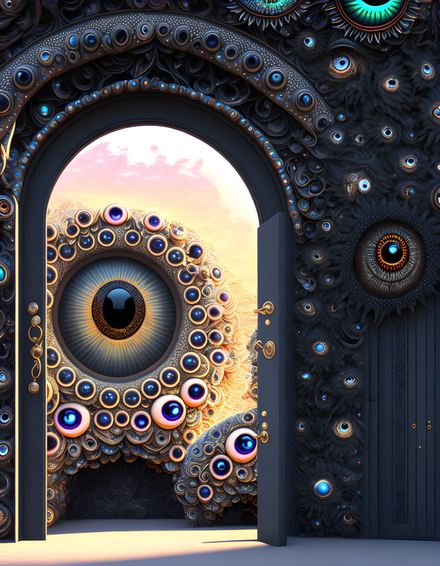 Ornate door with eye motifs in surreal peacock feather design opening to sunset sky