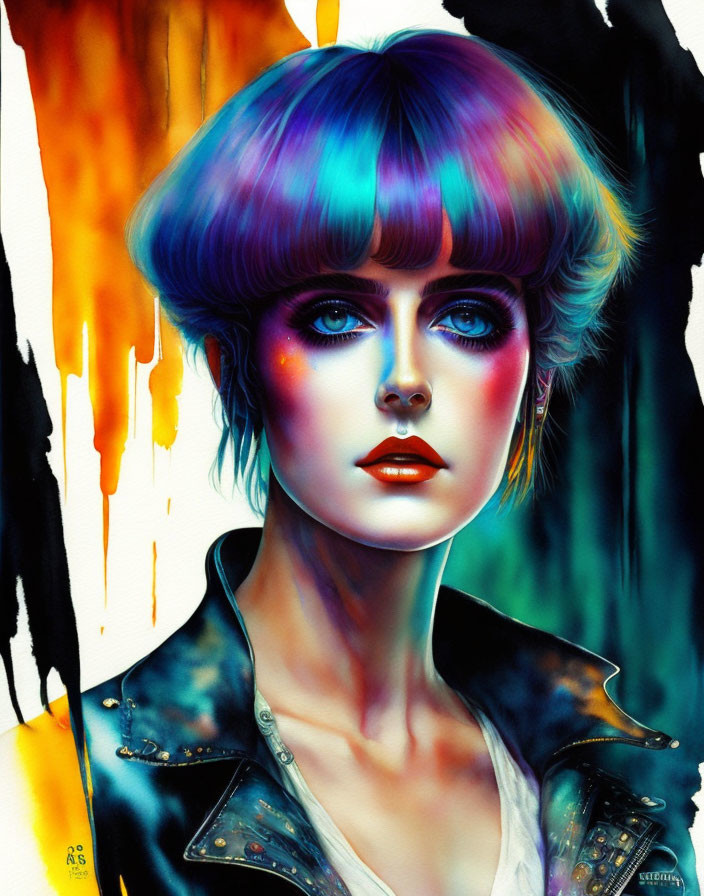 Colorful portrait of person with rainbow hair and artistic makeup on paint backdrop