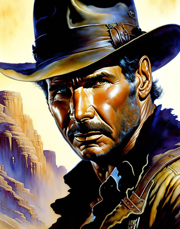 Illustrated portrait of rugged man in fedora hat against canyon backdrop