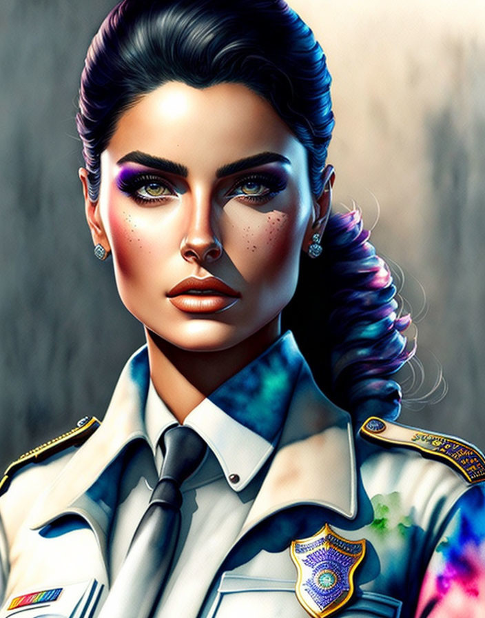 Vibrant digital artwork: woman in police uniform with stylized makeup & hair