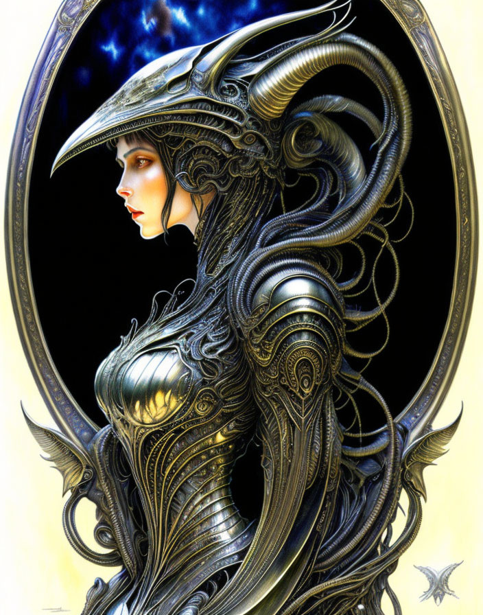 Futuristic armored woman with horned helmet in starry oval frame