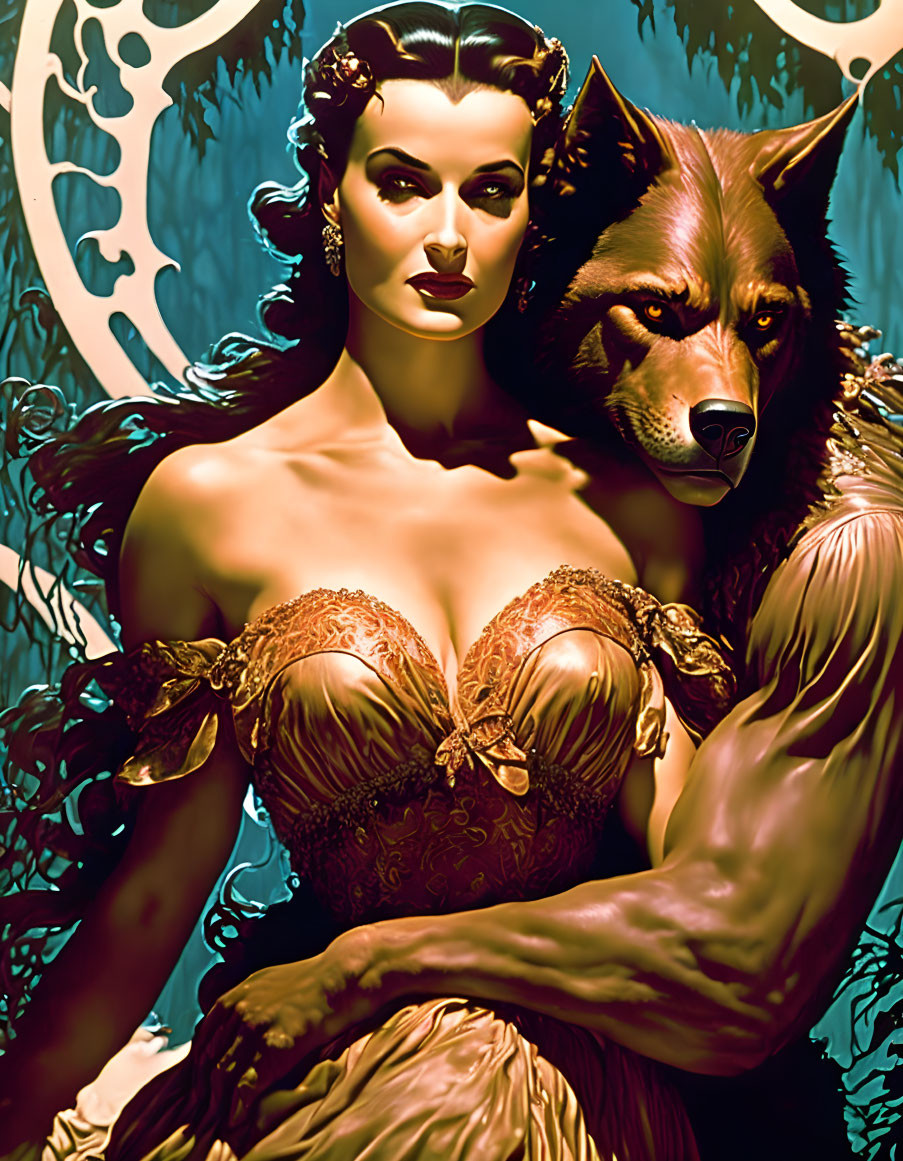 Dark-haired woman in elegant attire with large wolf against moon and forest.