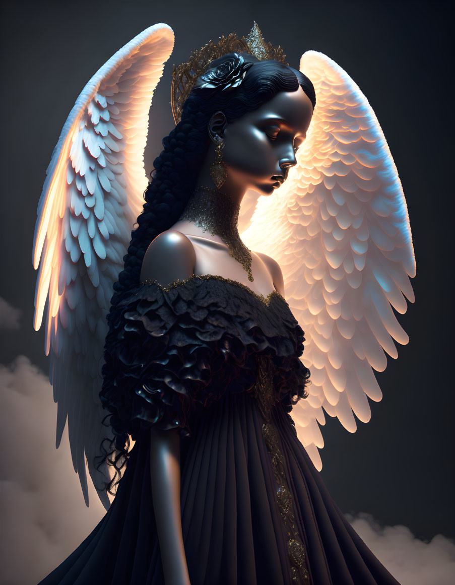 Woman with dark hair in black dress, crown, angelic wings, moody background