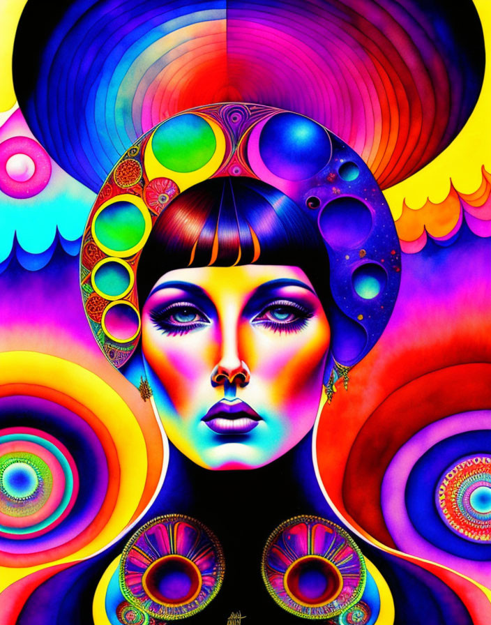 Colorful psychedelic portrait of a woman with cosmic motifs