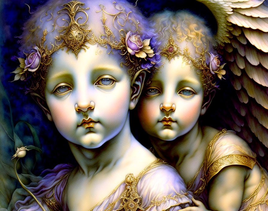 Vibrant digital art: angelic figures with golden wings and ethereal beauty