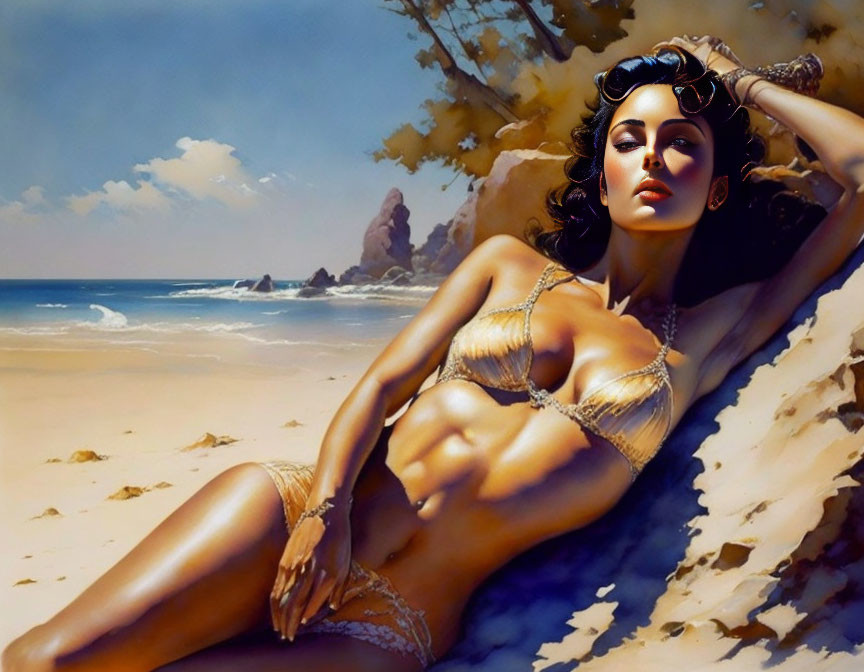 Illustrated woman in golden bikini on beach with blue skies