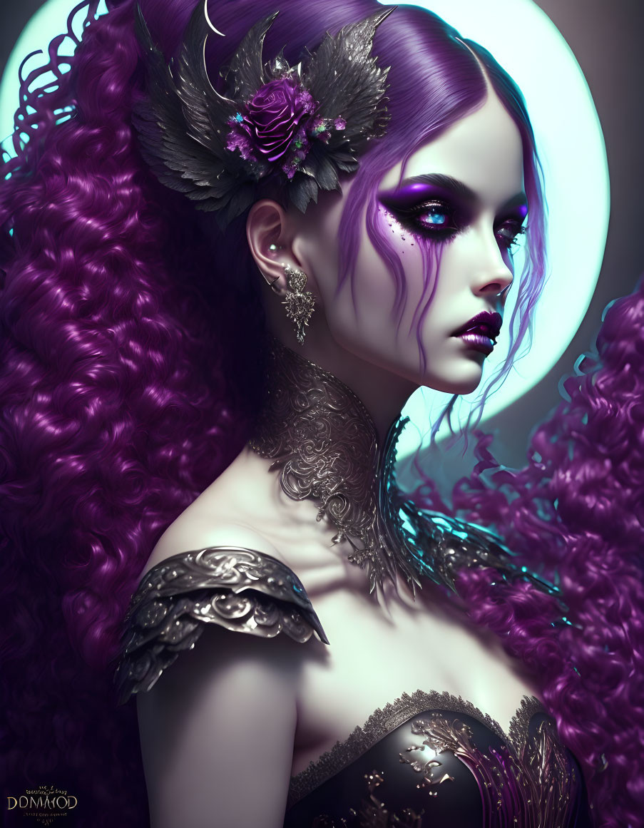 Vibrant purple hair woman with striking makeup and floral headpieces