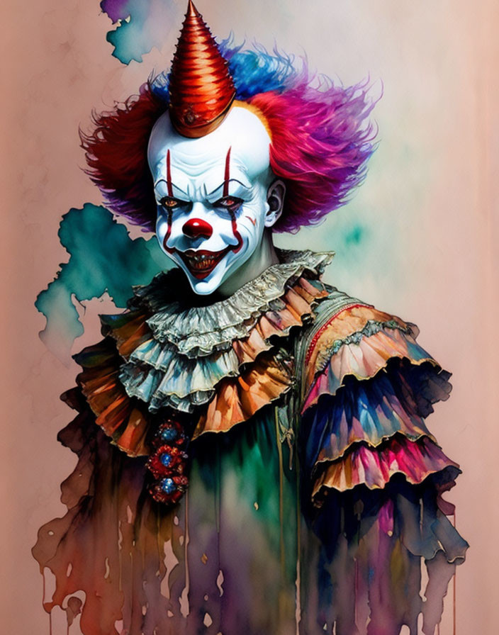 Menacing clown illustration with sharp-toothed smile and vivid, tattered costume