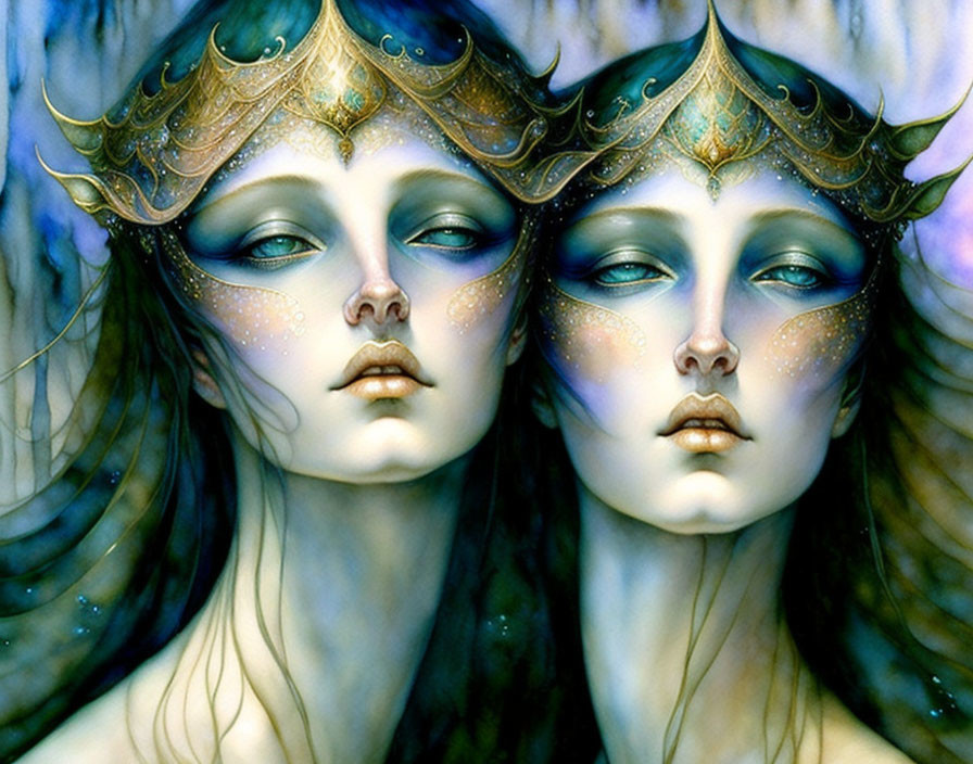 Ethereal figures in ornate golden headdresses with pale blue skin