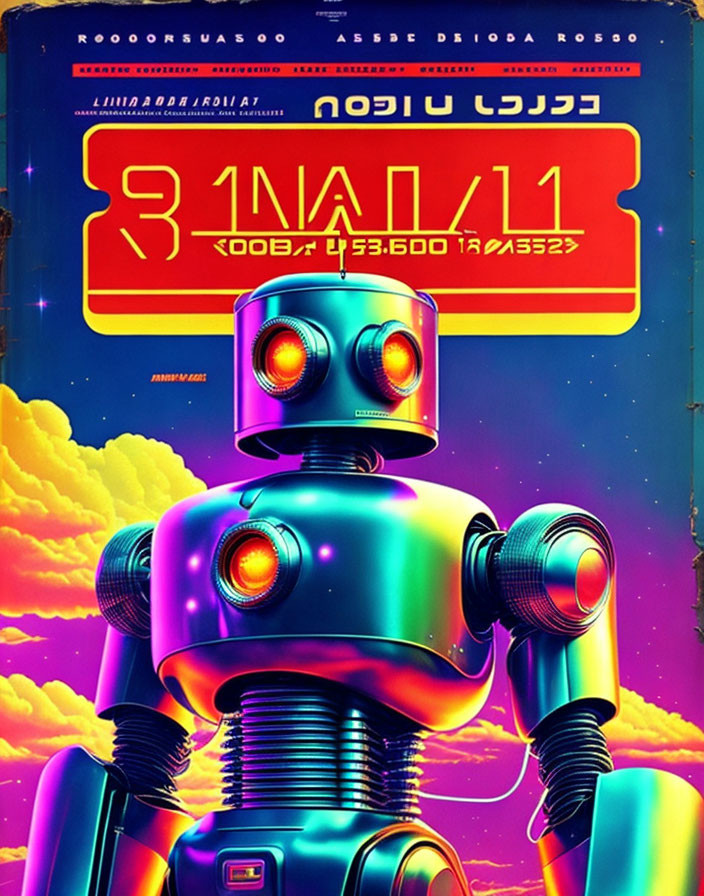 Colorful Retro-Futuristic Robot Poster with Illuminated Eyes and Cosmic Background