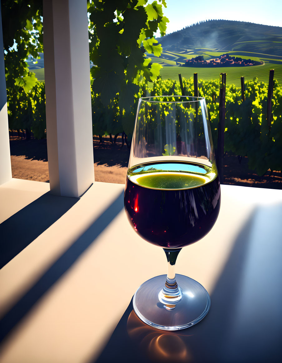 Red Wine Glass on Table with Vineyard Background