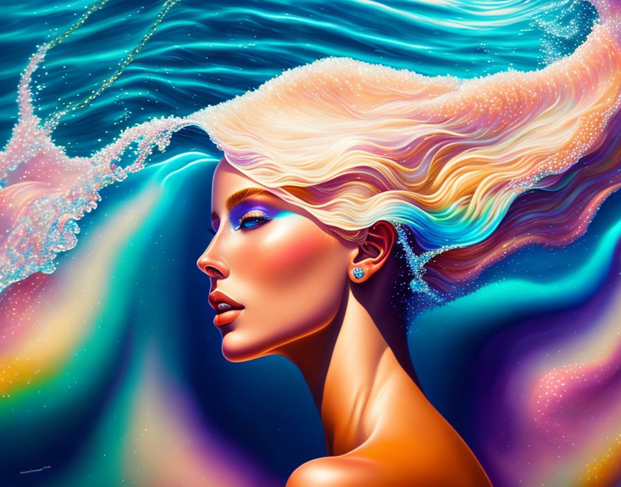 Colorful artwork of woman with flowing hair in sea-inspired setting.