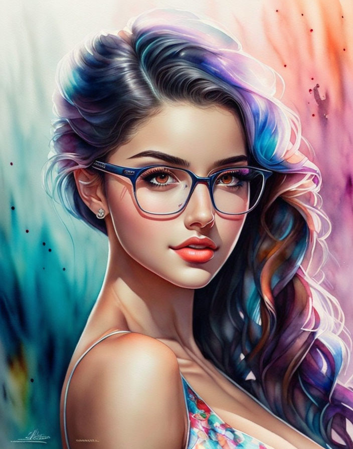 Colorful Stylized Portrait of Woman with Wavy Hair and Blue Glasses