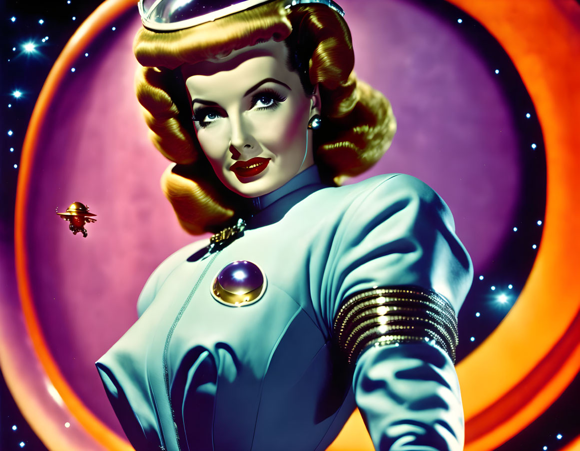 Stylized vintage portrait of woman with golden hair in futuristic blue outfit against planet and spaceship.