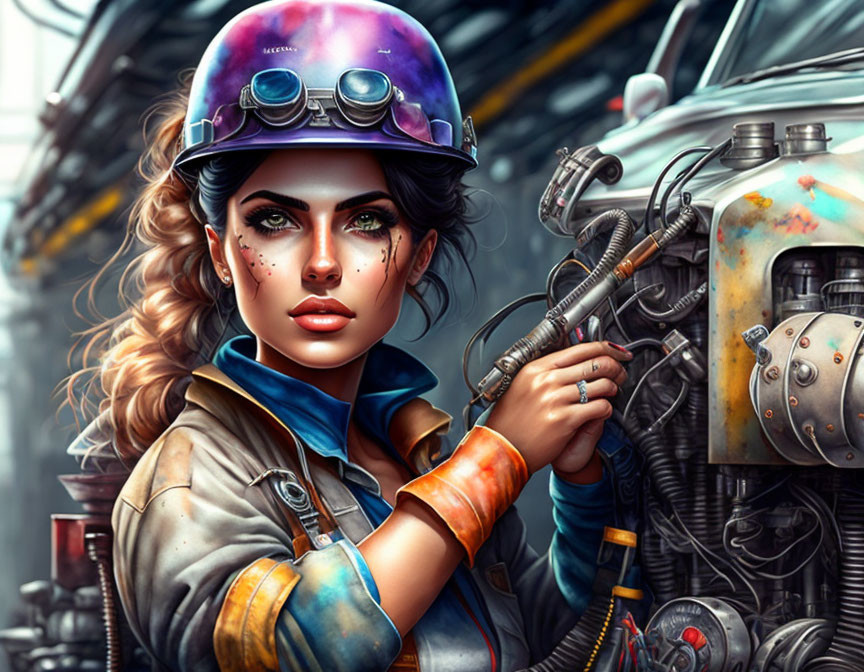 Woman with colorful helmet and grease smears holding tool in mechanic's workshop