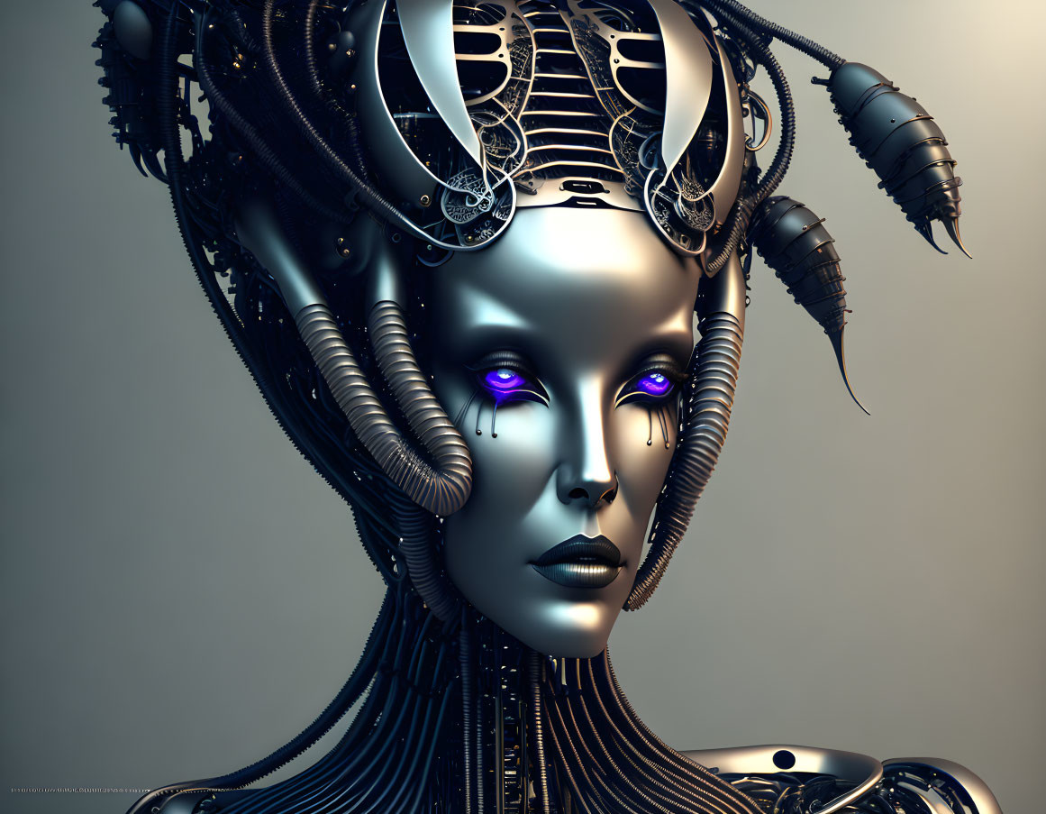 Futuristic female android with intricate headgear and glowing purple eyes