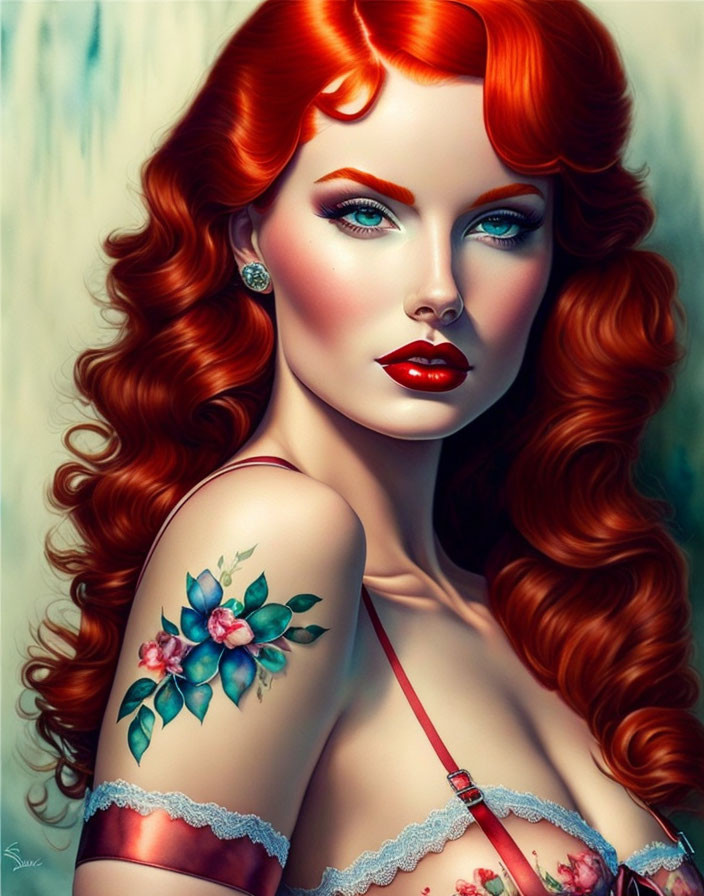 Vibrant red-haired woman with blue eyes in lacy attire illustration