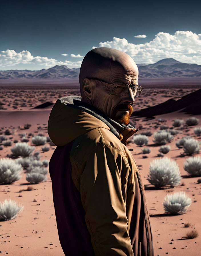 Bald man in glasses and goatee in brown jacket in desert landscape