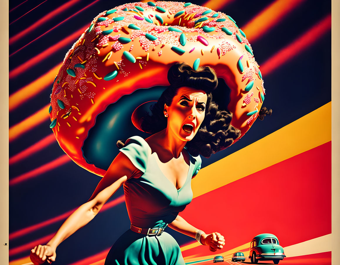 Vintage-dressed woman fleeing giant donut on vibrant, striped background