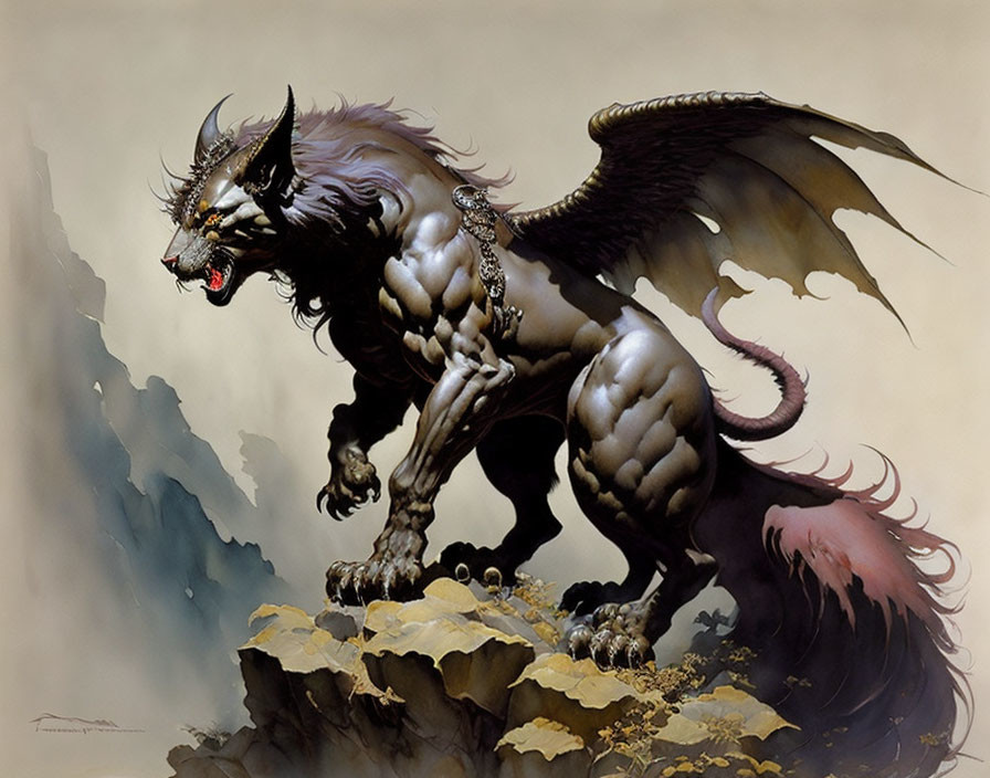 Winged lion-bat mythical creature on rocky terrain