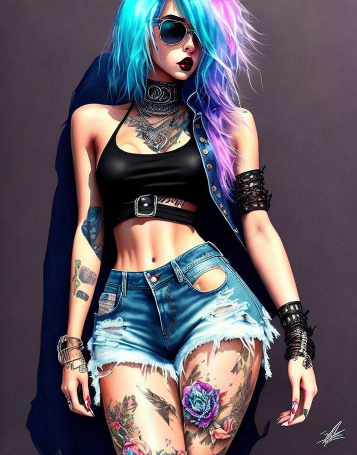 Vibrant illustration of woman with blue hair, sunglasses, tattoos, and cape