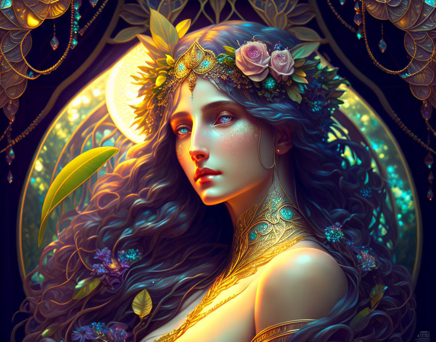 Fantastical portrait of woman with floral crown and gold jewelry in mystical setting