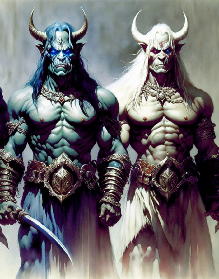 Blue-skinned, white-haired fantasy characters in tribal attire and armor.