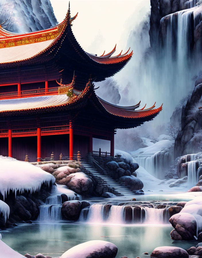 Traditional Asian Pagoda in Winter Landscape with Frozen Waterfalls