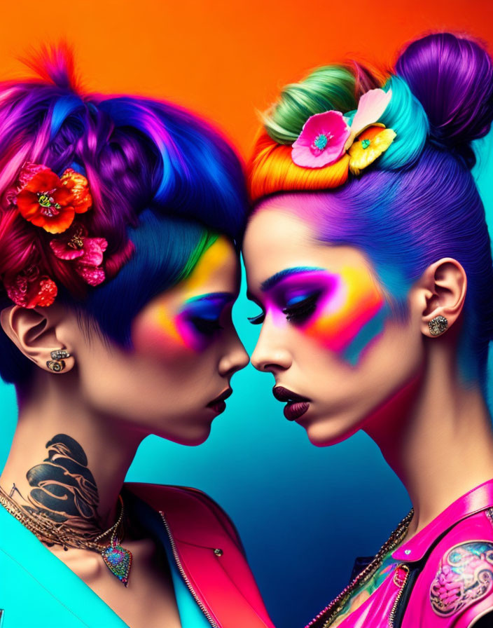 Vibrant hair and makeup individuals with flowers and tattoos on orange-blue gradient