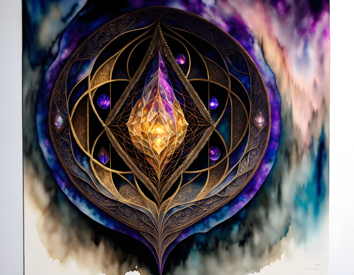 Colorful geometric mandala with purple gems on swirling clouds.