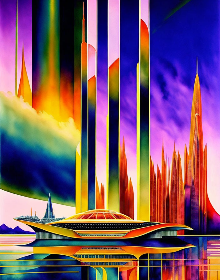 Futuristic cityscape with neon colors and towering spires