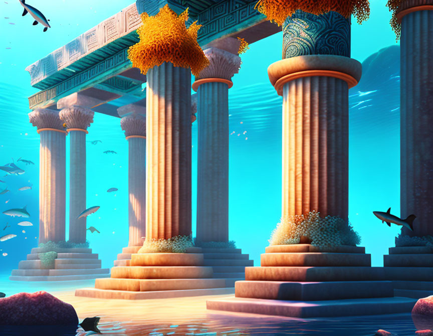 Underwater Scene with Coral-Adorned Columns and Fish