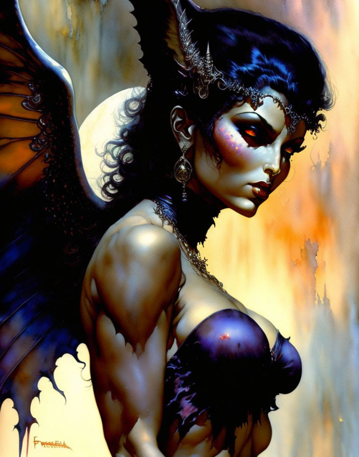 Detailed Fantasy Illustration: Female Character with Dark Wings and Elaborate Makeup