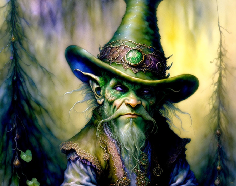 Green-skinned wizard with pointed ears in mystical forest.