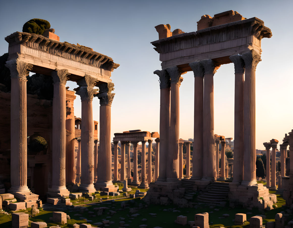 Ancient Roman temple ruin with towering columns and architraves at sunset