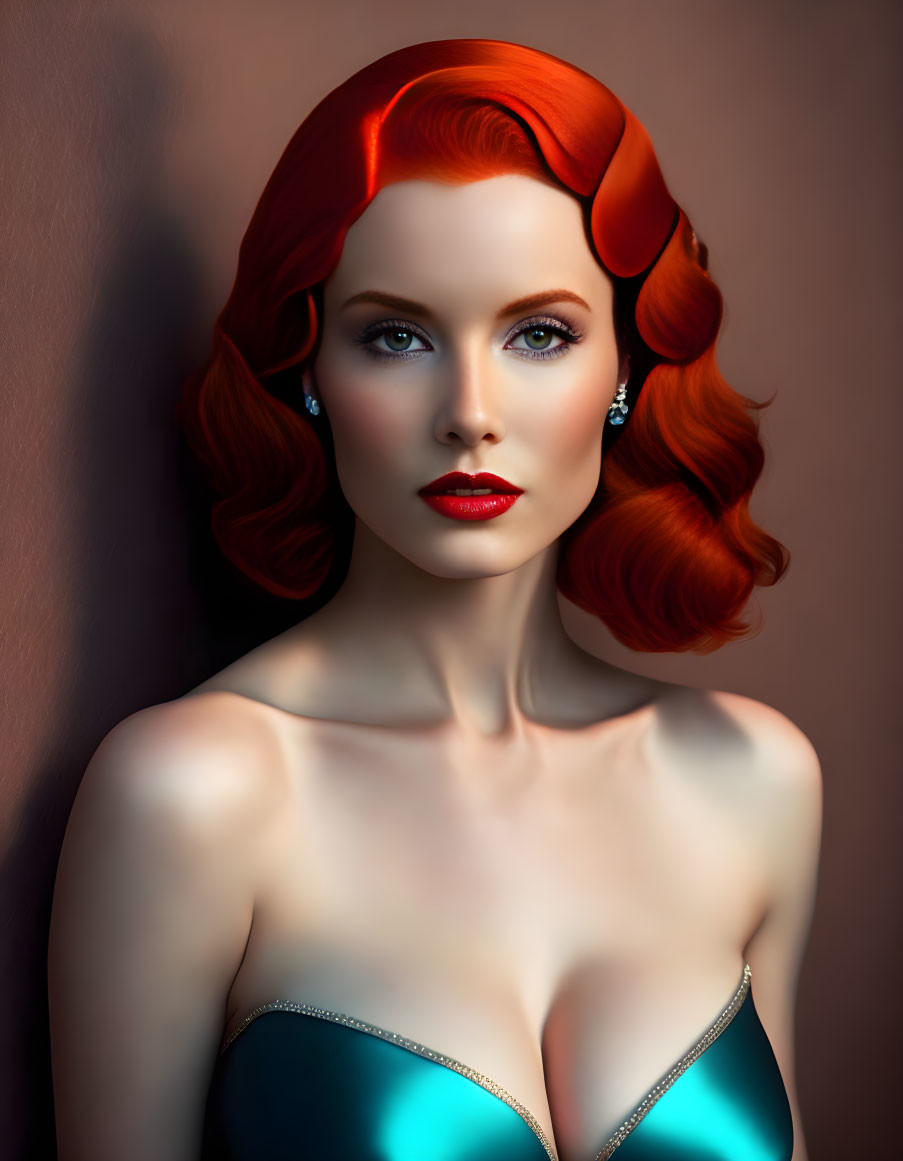 Digital portrait: Red-haired woman in teal dress