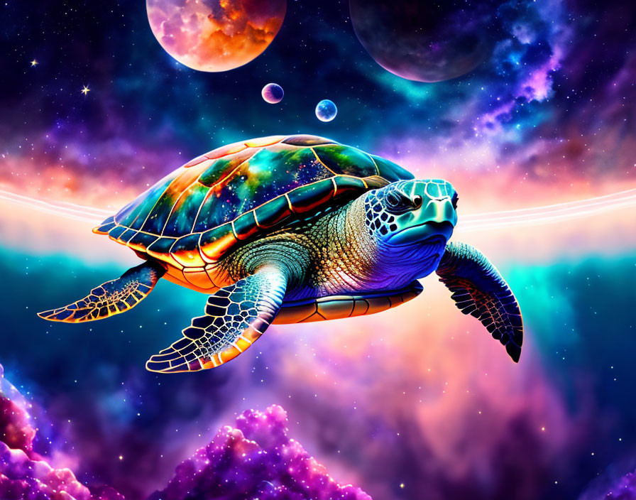 Colorful cosmic turtle digital artwork in space