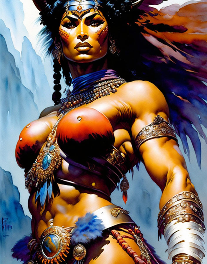 Warrior woman in tribal attire with face paint against misty mountains