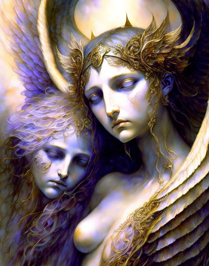 Ethereal artwork of two angelic figures with golden headpieces in purple and yellow palette