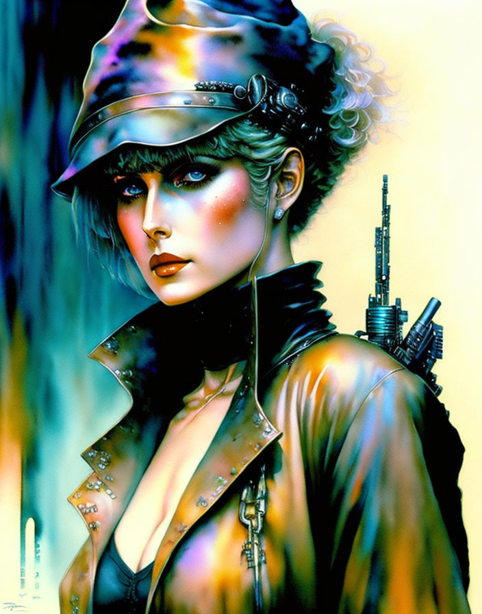 Stylized portrait of woman with intense eyes in military cap and futuristic cityscape reflection