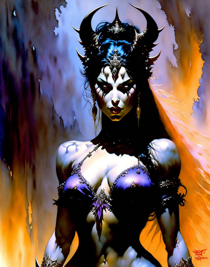 Fantasy illustration of female figure with horns and ornate headdress in fiery backdrop.