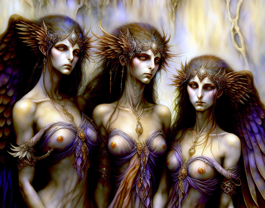 Ethereal female figures with wings in mystical forest