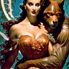 Dark-haired woman in elegant attire with large wolf against moon and forest.